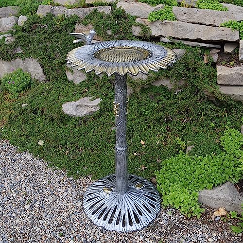 Image of Oakland Living 5065AP Antique Pewter Sunflower Design Aluminum Birdbath, Silver