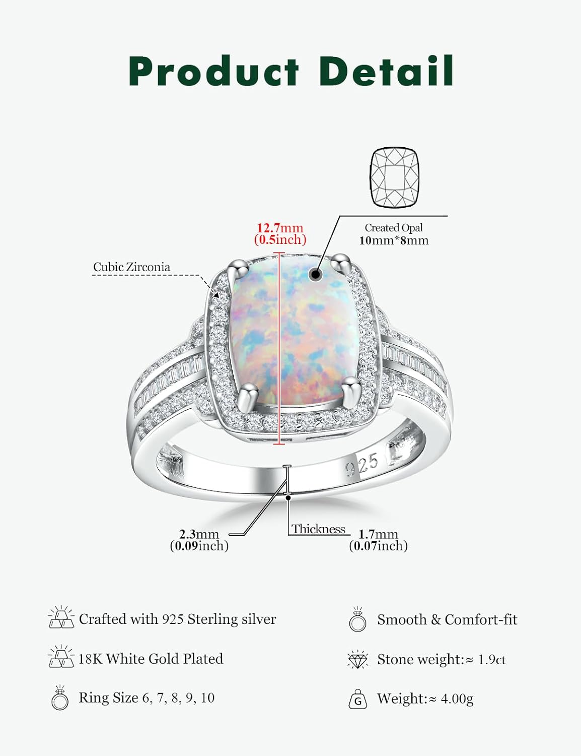 Womens Engagement Ring 925 Sterling Silver Oval Elongated Cushion Cut Sapphire/Ruby/Emerald/Opal Gemstone Anniversary Statement Cocktail Halo Ring Size 6 to 10 (with Gift Box) - Image 6