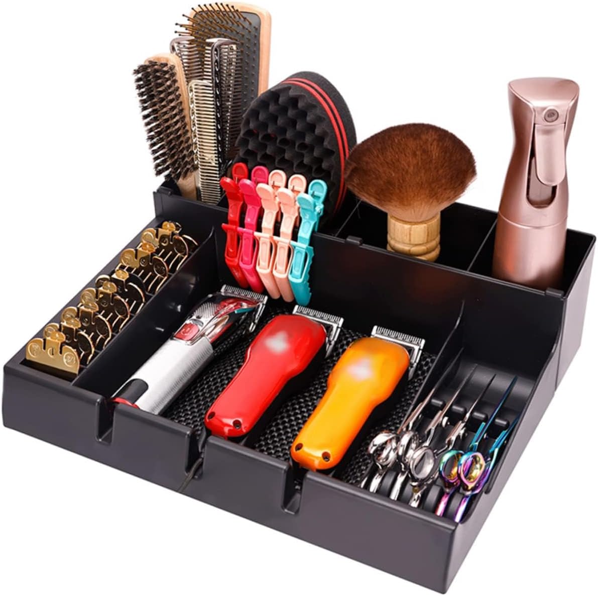 Stylist Tool Box Organizer ,Clipper Professional Station Salon Clippers Portable Notches with Scissors Storage Case Organizer Tray Tools Hair for Barber Keeper Trimmer Holder Haircut Razor (Black)