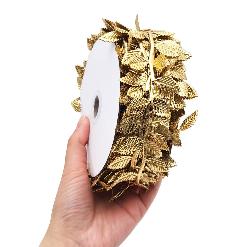 INSPIRELLE 60 Foot Gold Leaf Ribbon Artificial Double-Faced Gold Leaves Trim for Garland Gift Wrapping Craft Projects Wedding Home Decoration