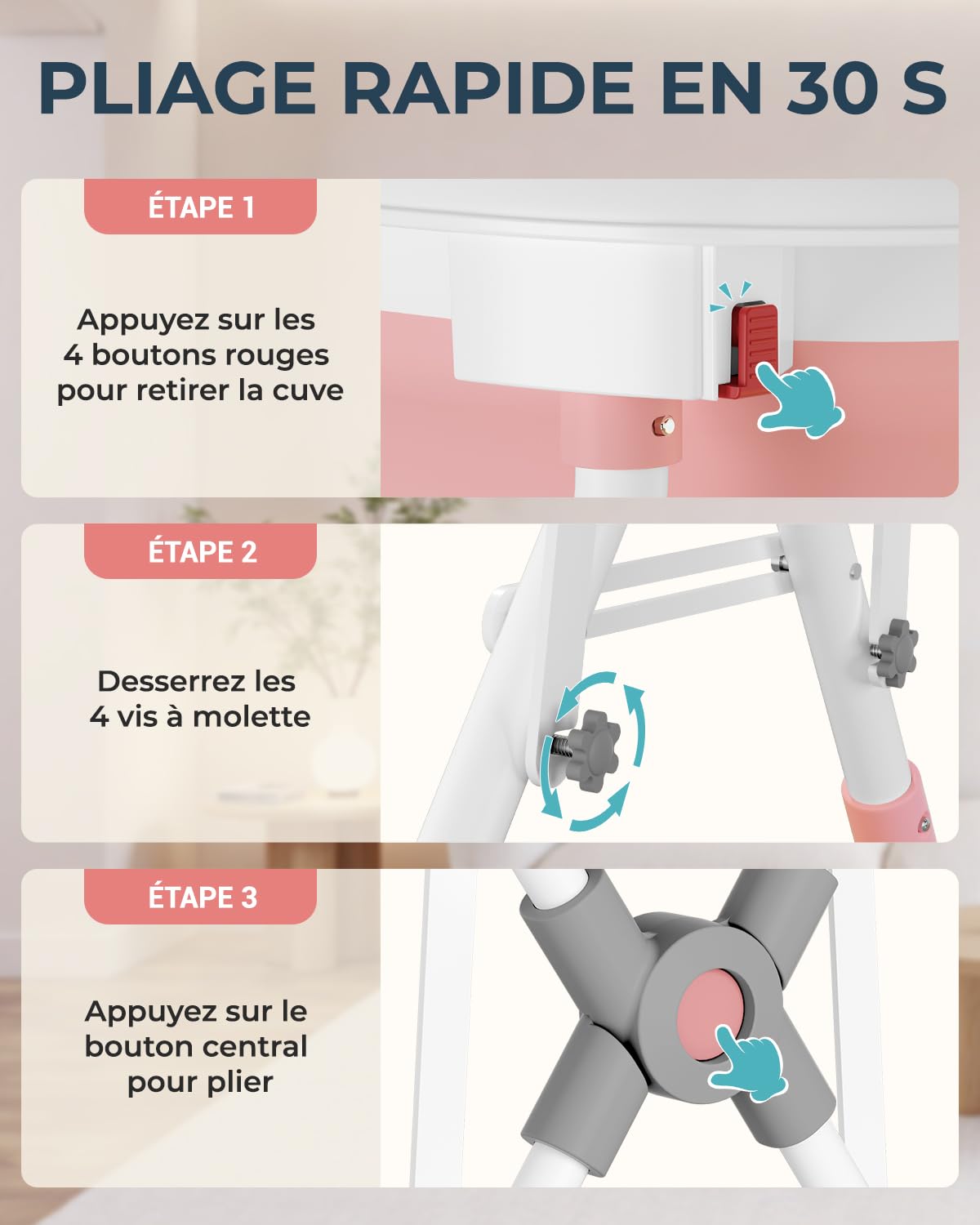 COOSEYA Baignoire bébé 3 en 1 pliable avec support et coussin souple incliné, baignoire pour nouveau-nés et jeunes enfants 0-18 mois, design pliable portable pour voyages extérieur, cadeau baby shower