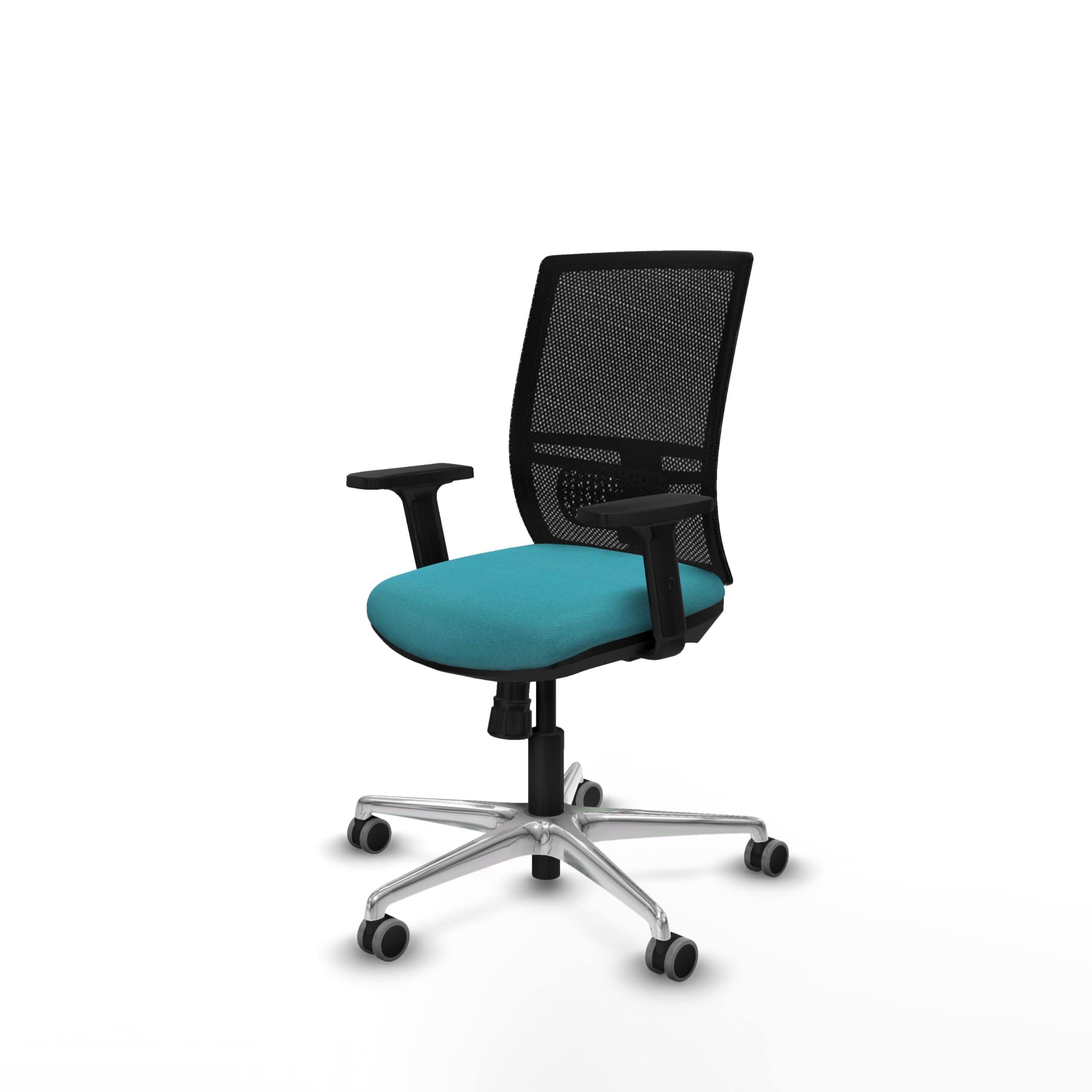Piqueras y Crespo - Silla con Soporte Lumbar Ajustable Yunquera con Brazos 2D. Equipado con Sincro 4 Posiciones y Espuma de Corte. con Ruedas 65 Mm Parqué. Negro/Turquesa