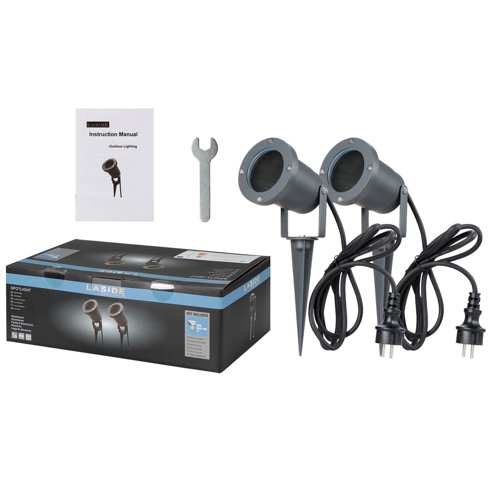 Confezione da 2 Faretti/Faretto da Esterno Giardino con Picchetto, GU10 Antracite Alluminio Luci per Sentieri/Sentiero 2M Cavo con Spina, IP65 Impermeabile Lampada da Giardino per Terra, Pianta | Lampada da giardino GU10 in alluminio antracite con corrent
