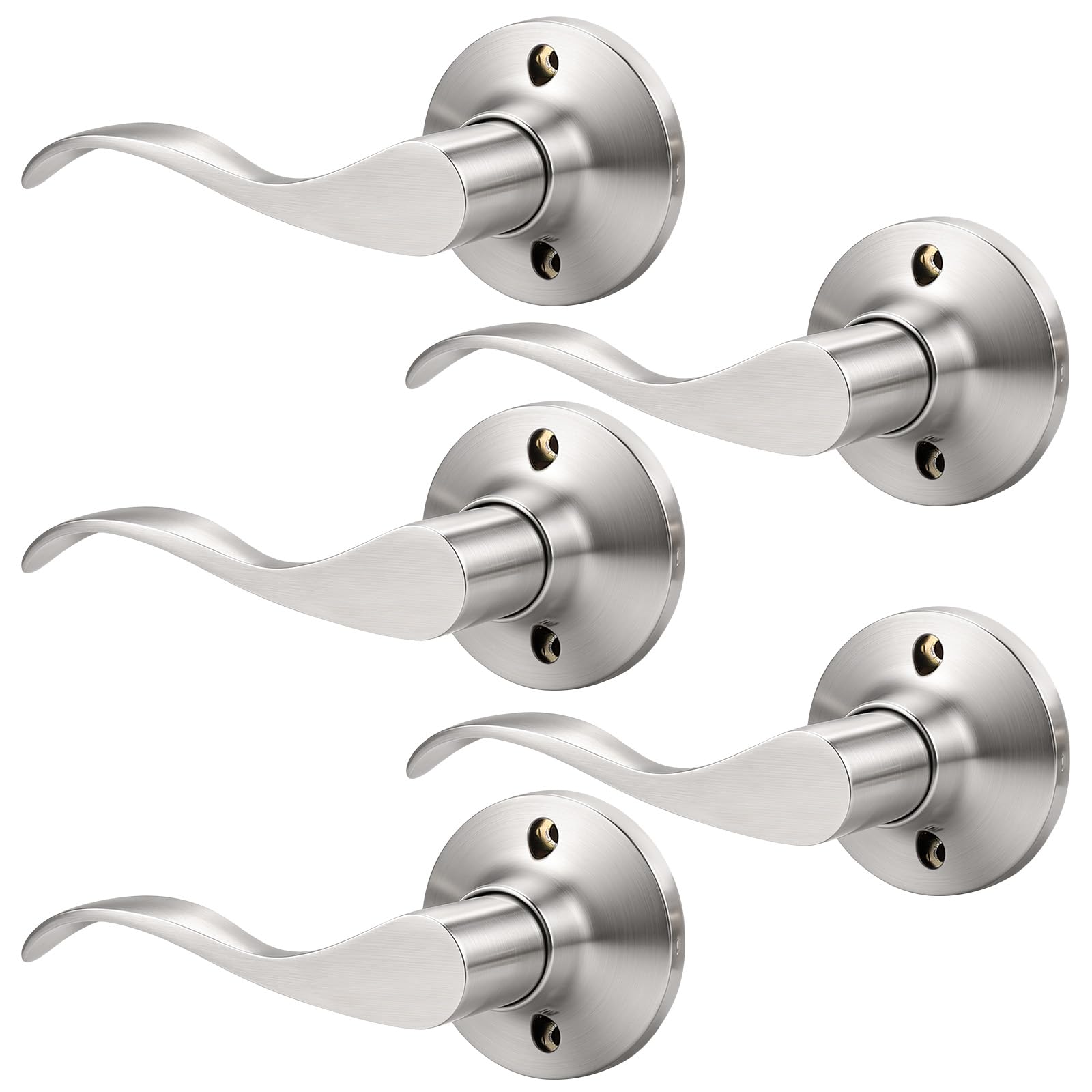 Mengico 5 Pack Satin Nickel Dummy Door Lever, Single Left Side Door Handle for Closets, Non-Turning Pull Only Lever Set, Wave Style Interior Door Knob