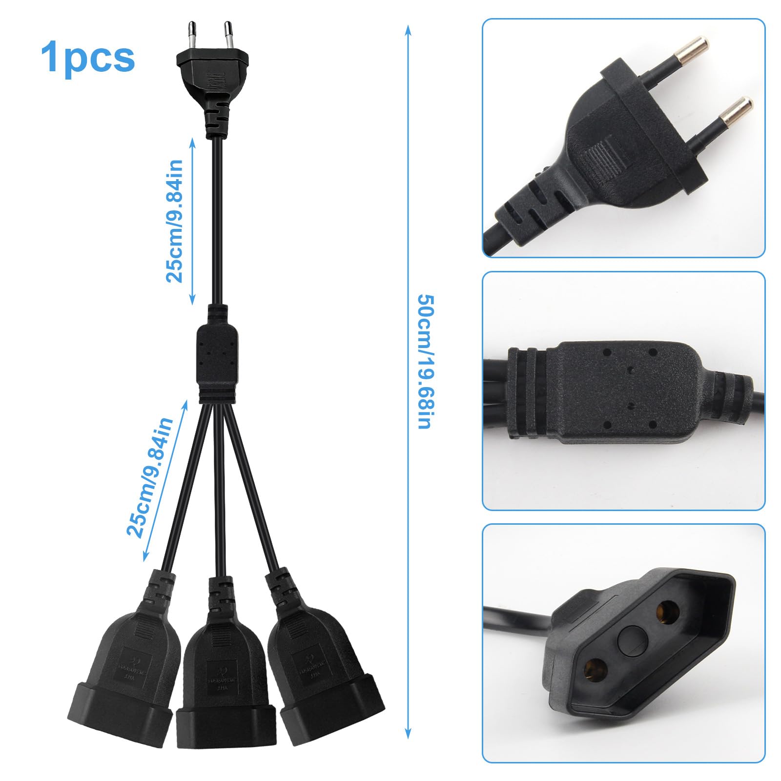 Wtyczka euro przedłużacz 3 w 1, płaska wtyczka, 0,5 m, rozdzielacz, wtyczka przedłużająca, wtyczka euro, przedłużenie do TV, PC, monitora, 250 V, czarny