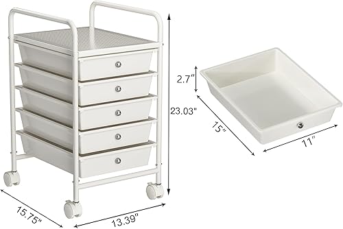 Miniatura 6 de Carrito rodante de 5 niveles con 5 cajones, carrito utilitario rodante con 2 ruedas giratorias bloqueables, carrito móvil multiusos de