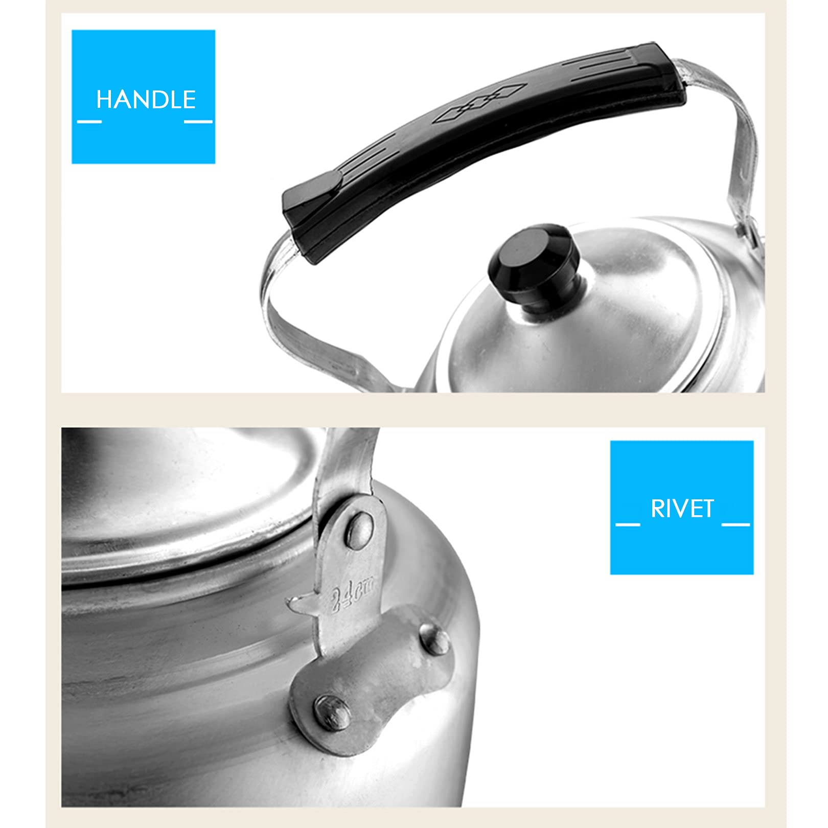 Hervidor de aluminio grueso, gran capacidad (3-10 litros), ligero, apto para cocinas de gas. Ideal para hervir y preparar café rápidamente.