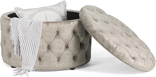 Miniatura 37 de Homebeez Otomana redonda de terciopelo para almacenamiento, reposapiés con botones copetudos, mesa de café (rosa) Rosa,Azul,Verde,Gris,Gris