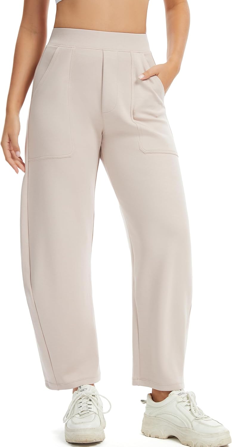 Womens Baggy Wide Leg Pants Barrel Leg Sweatpants Casual Elastic Waisted Stretch Travel Pants with Pockets