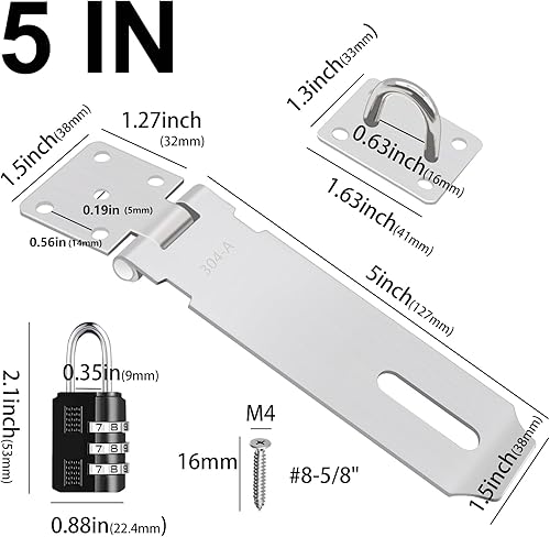 Miniatura 2 de Tanbupu 2 cerraduras de puerta, cerrojo de seguridad de acero inoxidable 304 de 5 pulgadas, cierre de cerrojo de bloqueo de bisagra, candado con