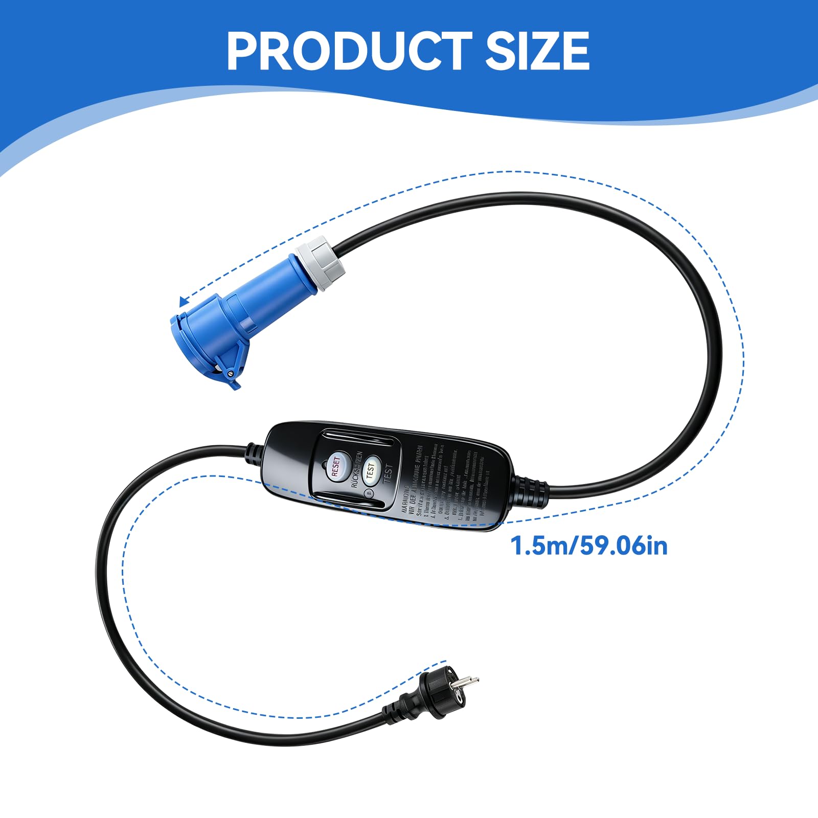 Cable Adaptador Schuko a CEE de 150 cm, 230 V, con Protección contra Fugas, Clase de Protección IP44/IP55, para Autocaravanas, Coches Eléctricos, Camping y Remolques de Construcción