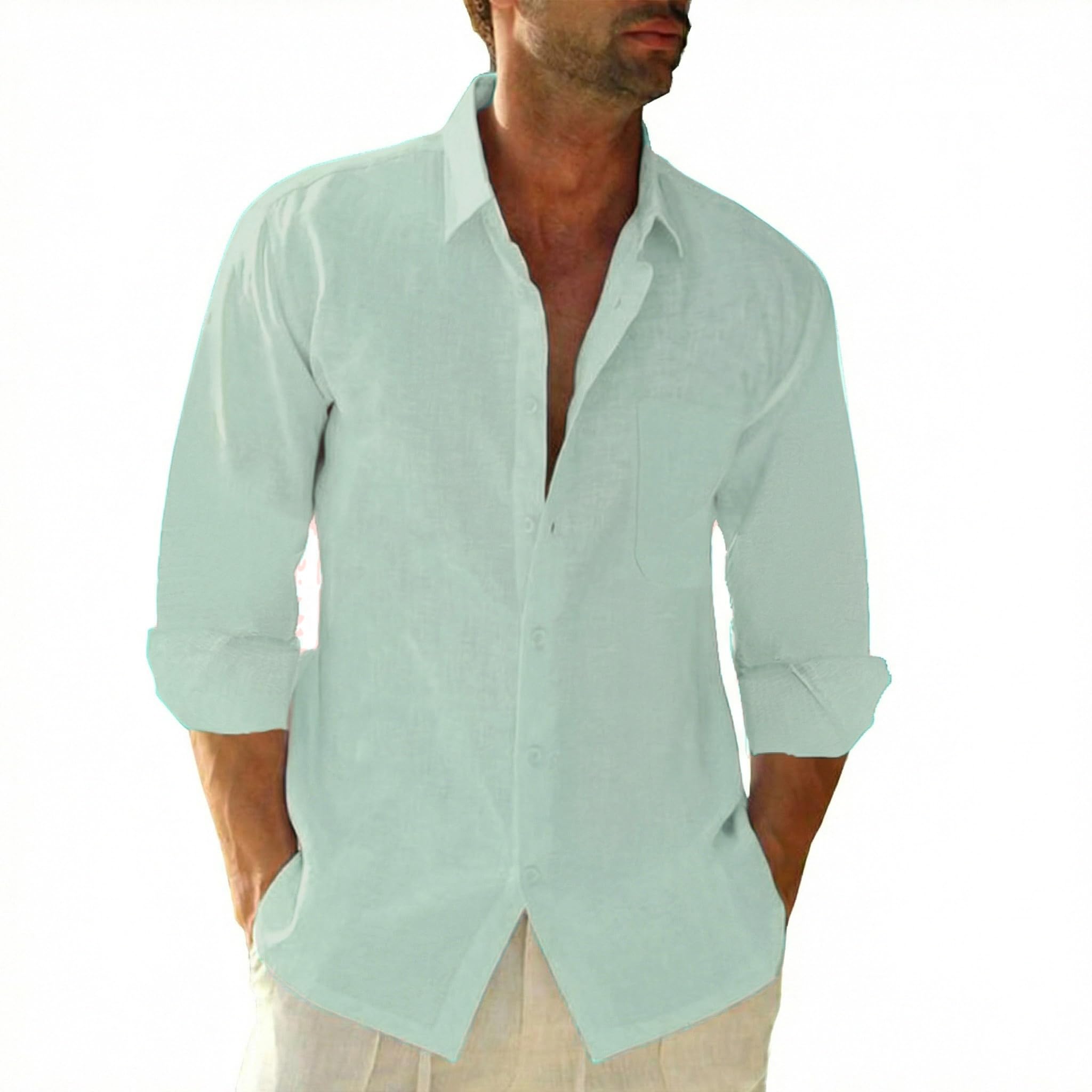 SEAYIJIA Leinenhemd Herren Langarm Baumwolle Leinen Hemden mit Tasche Freizeit Strandhemd Regular Fit Sommerhemd