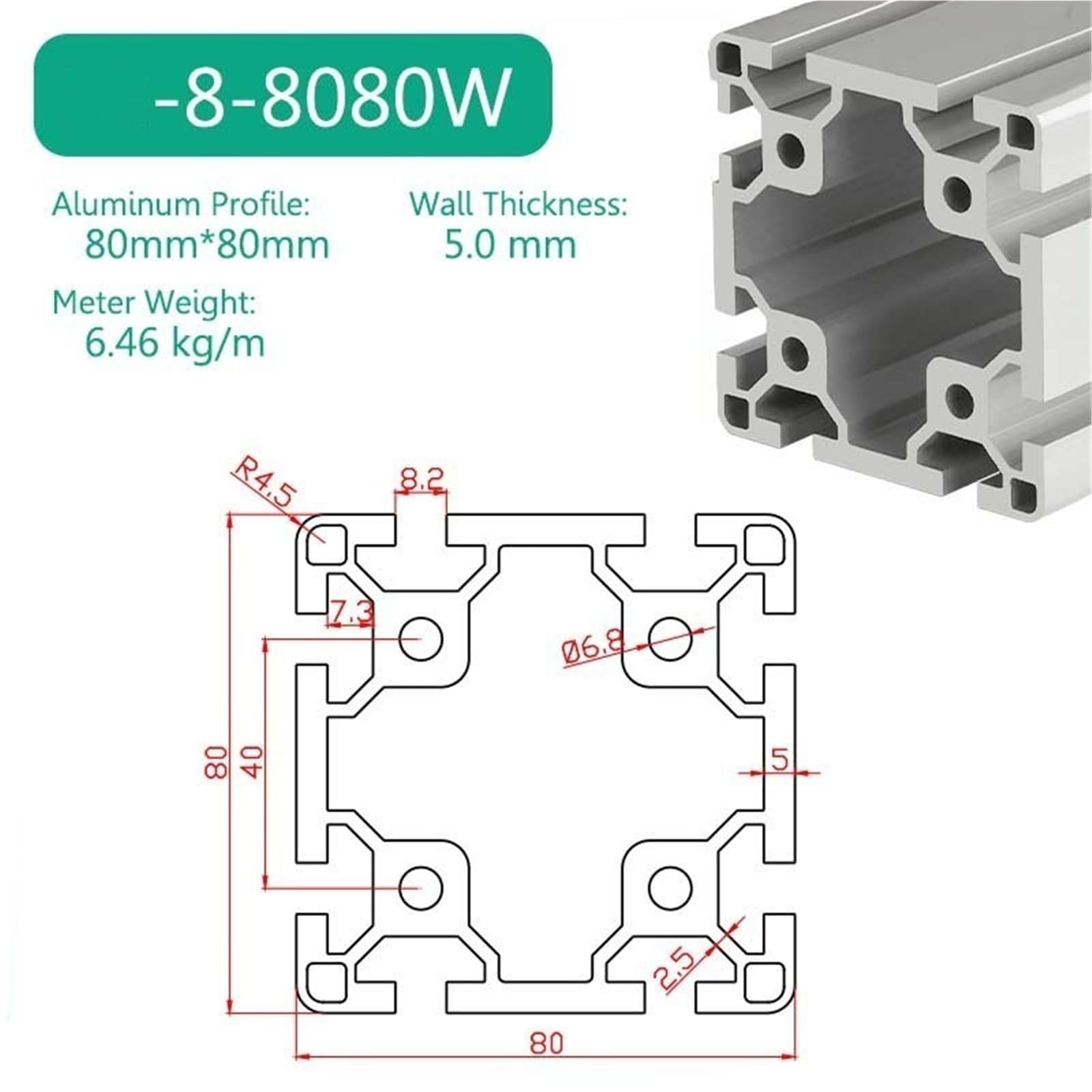 Perfil de extrusión de aluminio 8080 for cargas pesadas, 80 x 80 mm, estructura de columna cuadrada for líneas transportadoras de estaciones de trabajo industriales. Borde