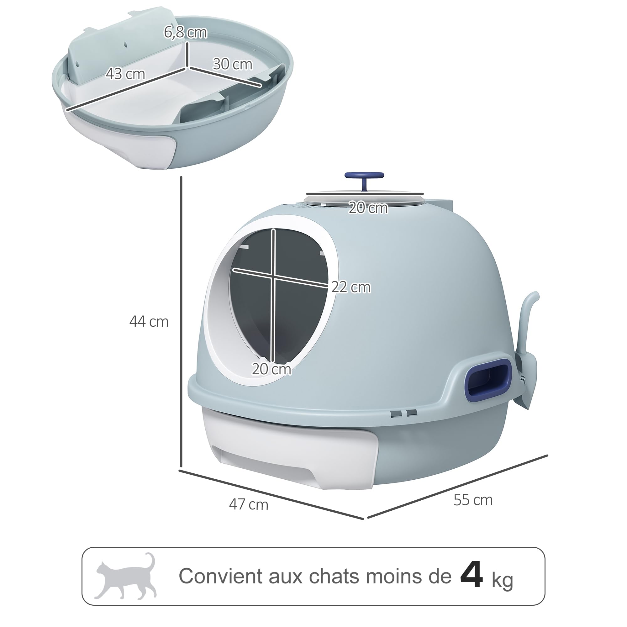 PawHut Bac à litière pour Chat Maison de Toilette Portable pour Chat tiroir à litière Coulissant Porte battante Lucarne + Pelle fournis dim. 47L x 55l x 44H cm Bleu