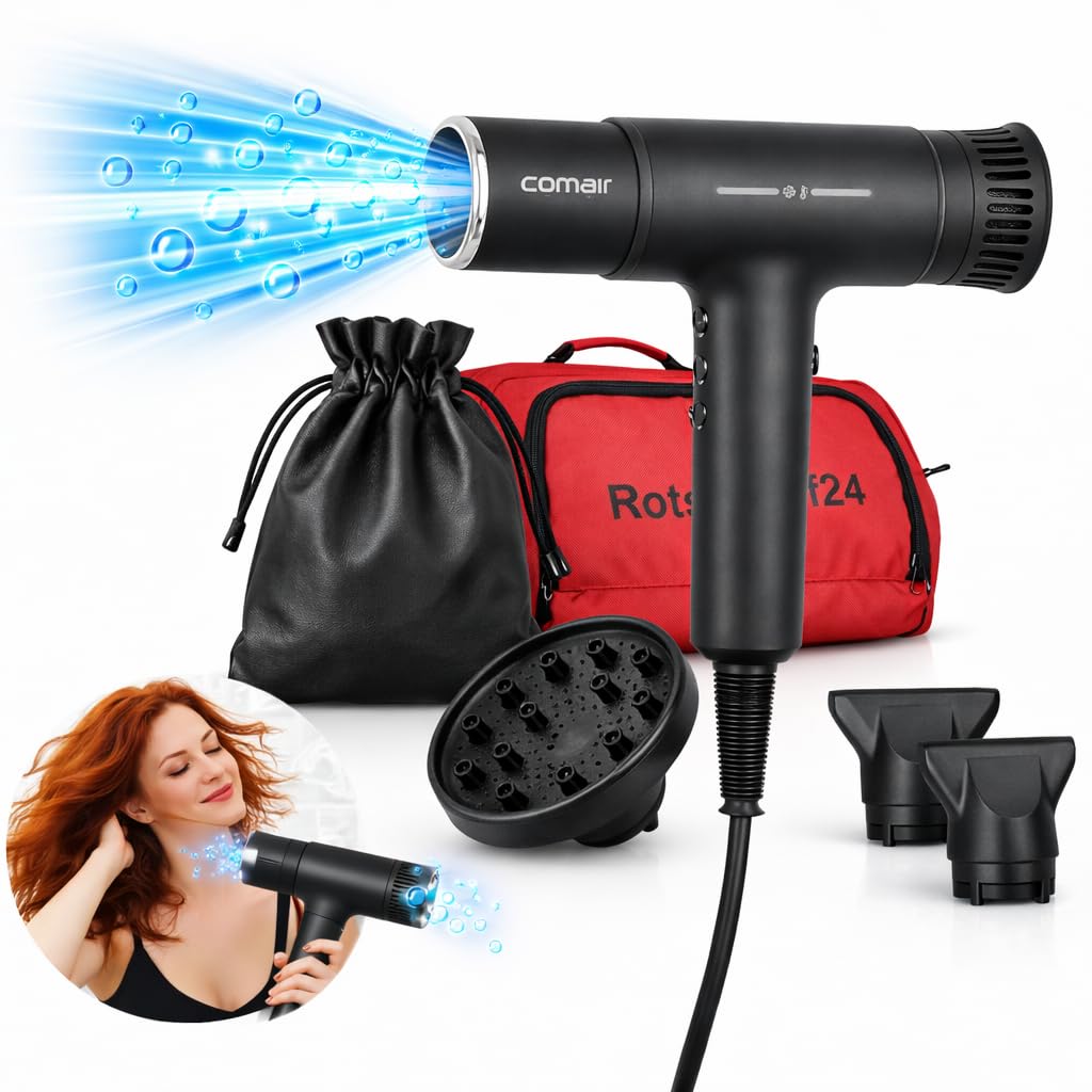 Comair T Power Haartrockner Profi Föhn, Diffusor + 2 Stylingdüsen + Tasche | 2200 W Föhn, Brushless-Motor 70.000 U/min, 3 Temperatur- und 3 Gebläsestufen, Kaltlufttaste, Ionen-Technologie. Sperrschalter