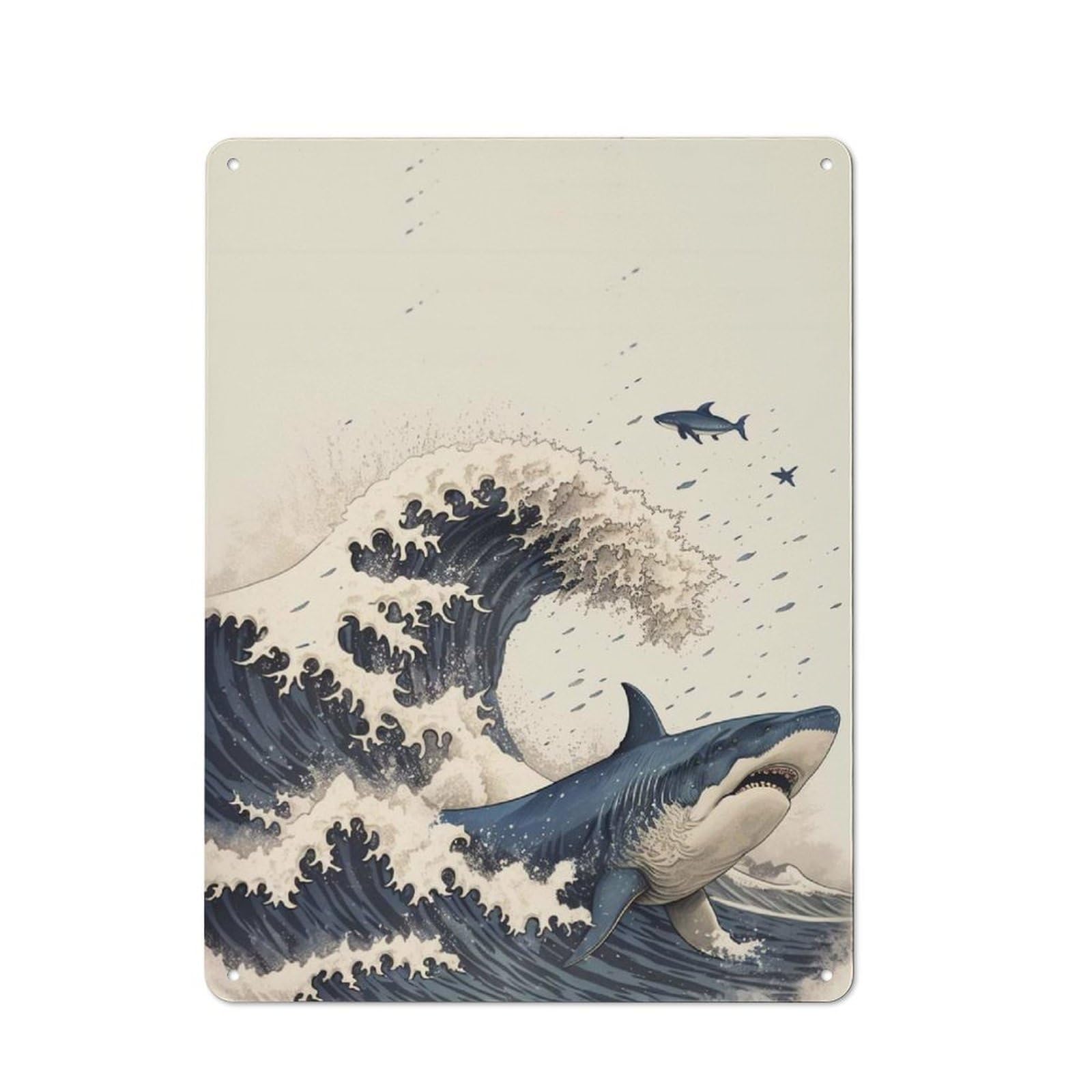 Junmoney Shark In Japan Great Wave Retro Metal Sign 40X30cm For Garage Wall, For Home Interiors And Metal Sign Collectors