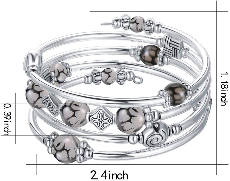 Beaded Pearl Bangle Wrap Bracelet - Fashion Bohemian Jewelry Multilayer Charm Bracelet with Thick Silver Metal Beads, Gift For Women - Image 3
