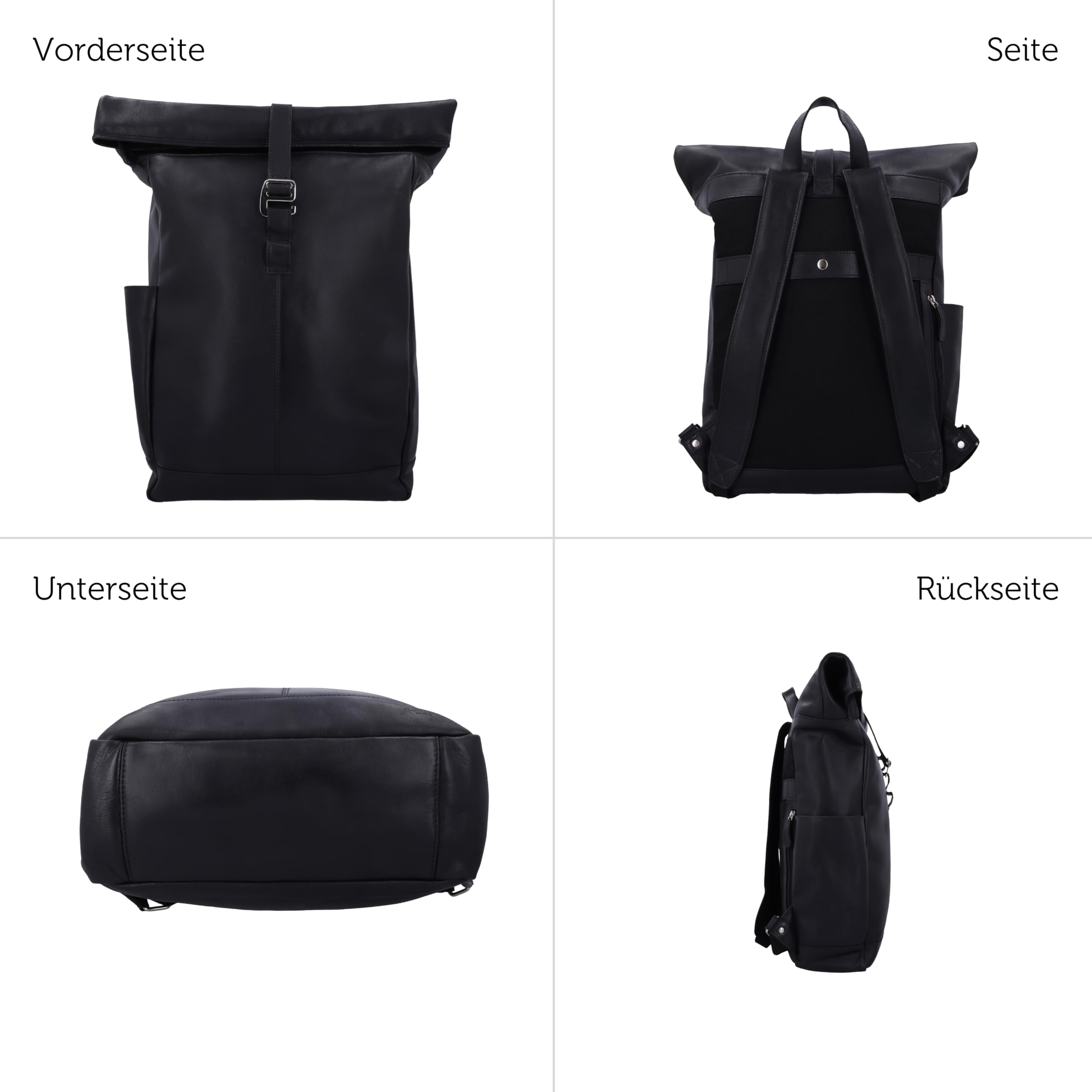 Gusti Leder Rolltop-Rucksack Bendik, Schwarz, Rindsleder, Laptopfach, AirTag-Fach, 9x61x41 cm