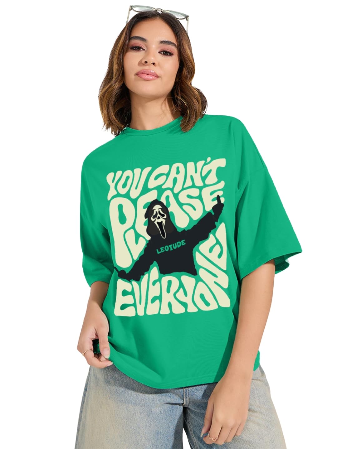 leotude LEOTUDEOversized Half Sleeve Tshirt for Women, Round Neck Longline Printed Drop Shoulder T-Shirt (Color Rama Green)-picture-49