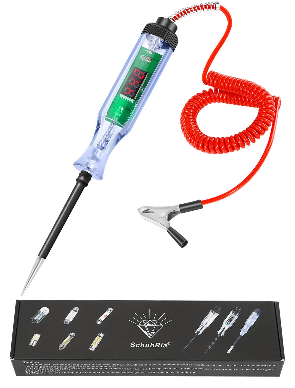 Test Light Automotive,Circuit Tester 3-48V DC Digital LCD Display,Prolong Spring Cable, for Sedan,SUV,RV,Truck,Lawn Mower,Power Tool(Round Shape, Red, Voltage Display)