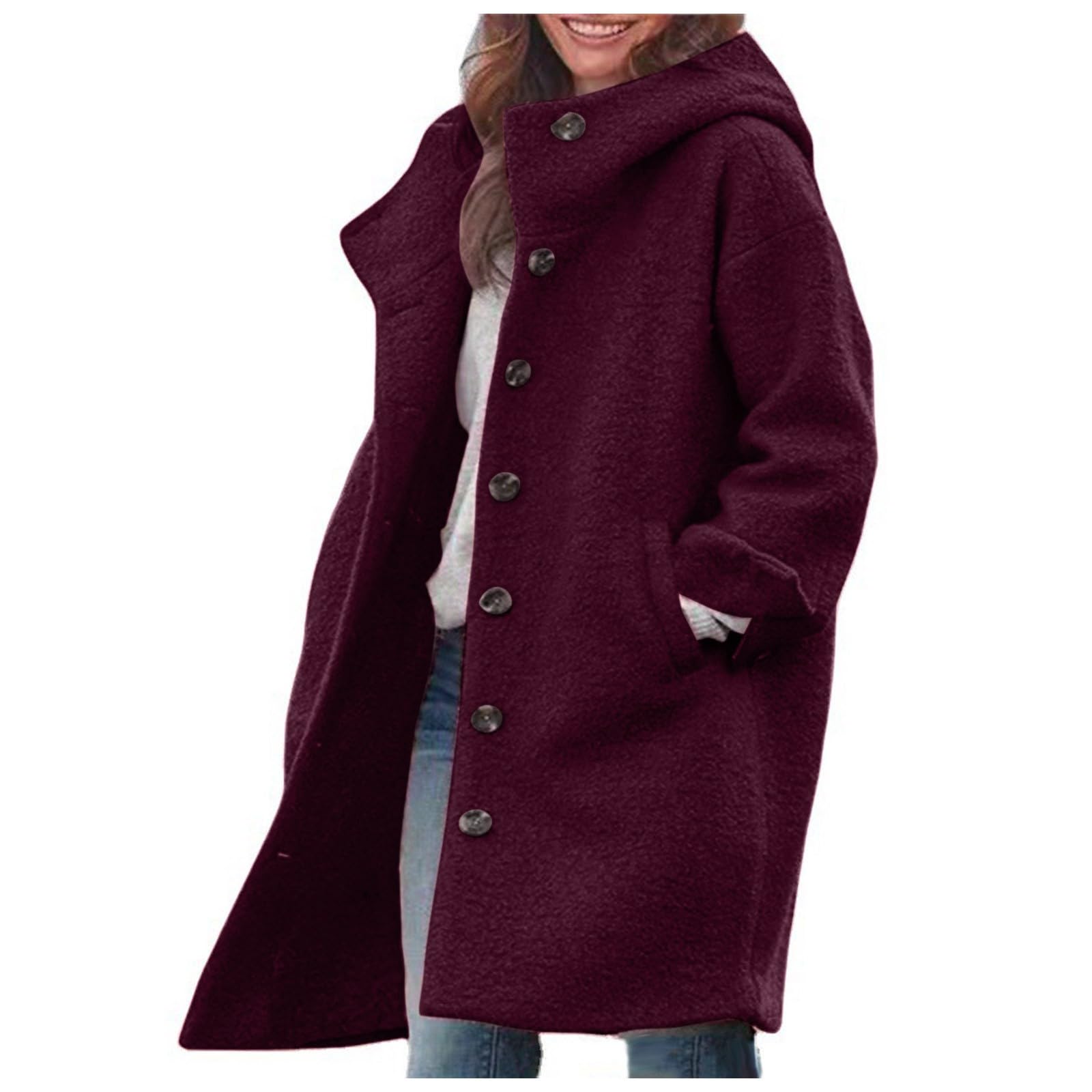 SRZYMJ Rot Mantel Damen Wollmantel Herbst Damen-Mäntel Wolle Übergangsmantel Wintermantel Slim Fit Wolljacke Trenchcoat Einfarbig Herbstmantel Freizeit Kurzmantel Warme Winterjacke Outdoor Jacken