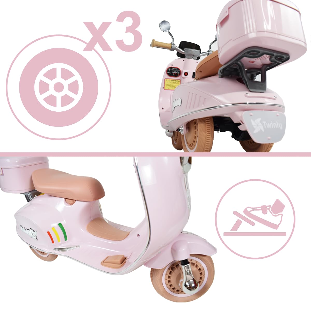 Twinly - Scooter elettrico per bambini con caricabatterie, acceleratore a pedale e funzionalità USB, luce e MP3 Bluetooth (Rosa)