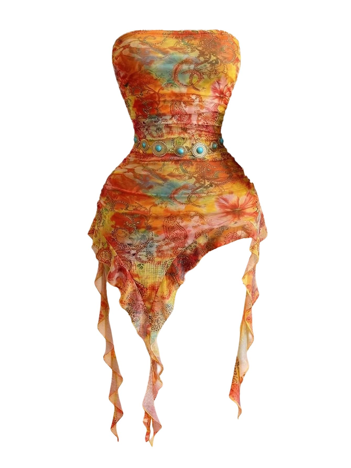 Women's Boho Paisley Floral Bodycon Tube Dress Strapless Ruched Asymmetrical Ruffle Dresses