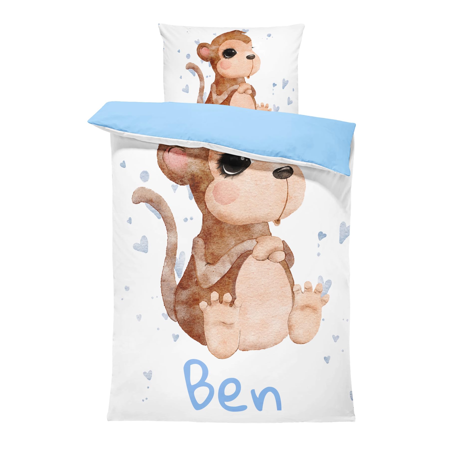 Pictogogo Personalisierte Baby Bettwäsche mit AFFE - 135x200cm, Wählbare Unterfarbe aus Baumwolle, Kinderbettwäsche Mit Namen, Babybett Komplett Set Mit Reißverschluss