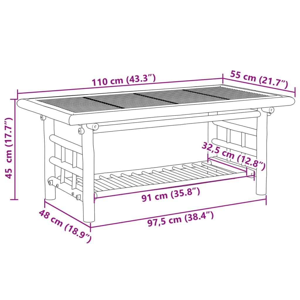 Tavolino da salotto in bambù, 110 x 55 x 45 cm, con ripiano, stabile, estensibile, pieghevole, per soggiorno, ufficio, balcone, mobili durevoli, multiuso