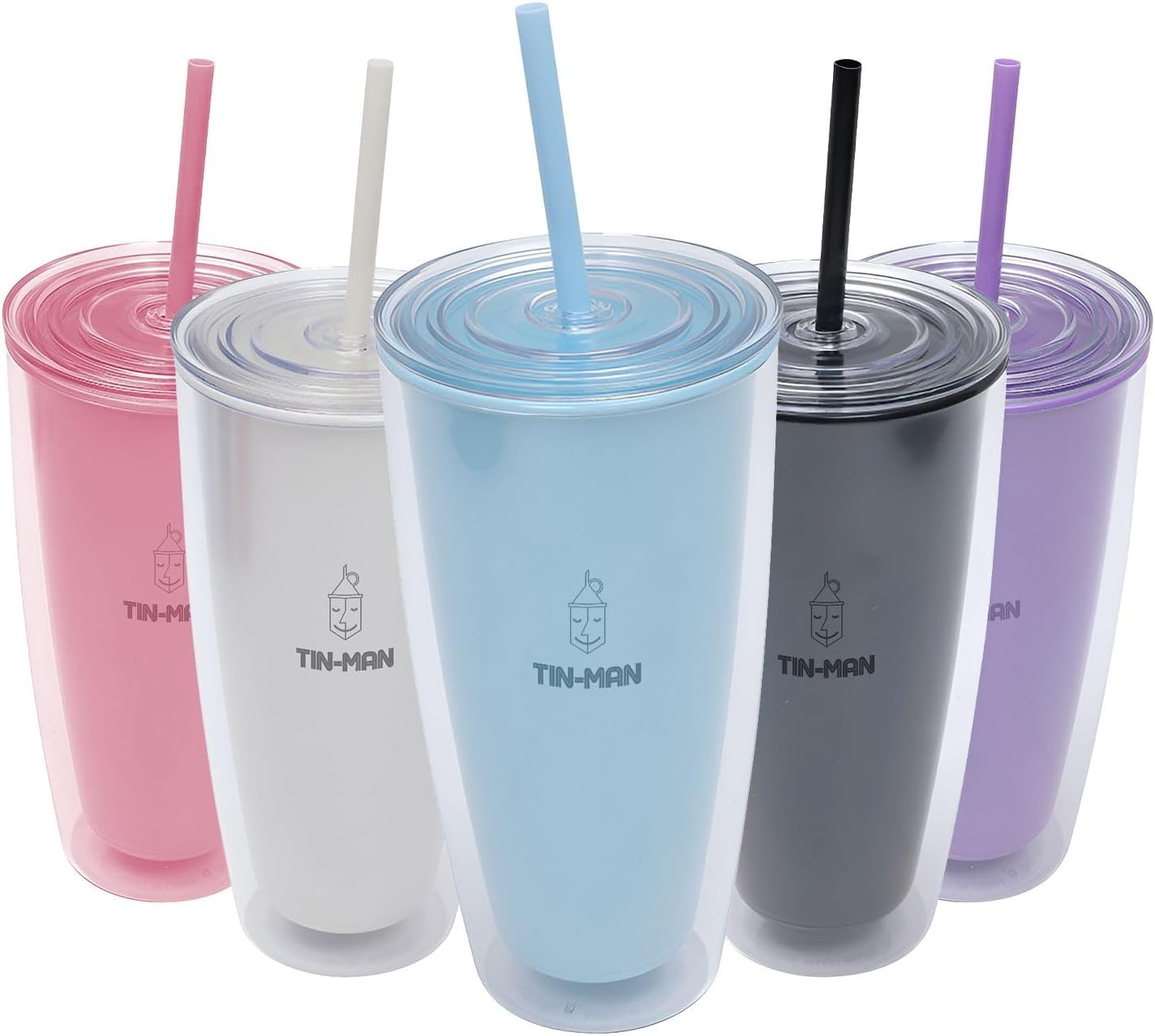 TIN MAN 710ml Reusable Plastic Cup w/Straw, Double-Walled Insulated, Keep Your Drinks Cold/Hot for 6hrs, Eco-Friendly, BPA-Free, Multiple Colors, Leak-Proof- for Home/Office/Travel (Blue)