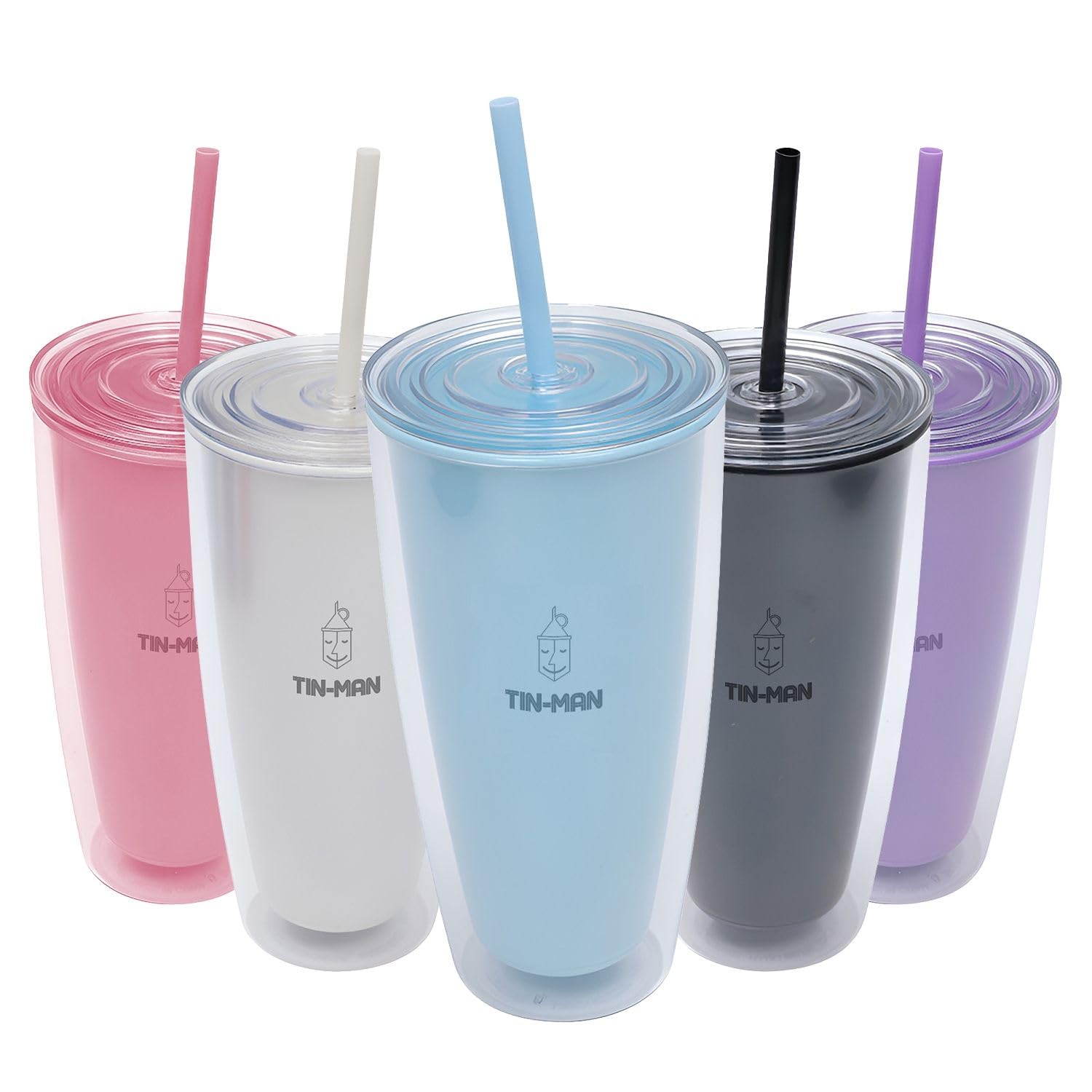 TIN MAN 710ml Reusable Plastic Cup w/Straw, Double-Walled Insulated, Keep Your Drinks Cold/Hot for 6hrs, Eco-Friendly, BPA-Free, Multiple Colors, Leak-Proof- for Home/Office/Travel (Blue)
