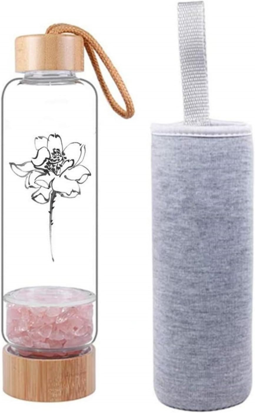 AITELEI Bamboo Wellness Crystal Elixir Infused Gem Water Bottle Natural Gemstone Crystal Quartz Gravel Gemstone Healing Glass Energy Elixir Water Bottle 400ML