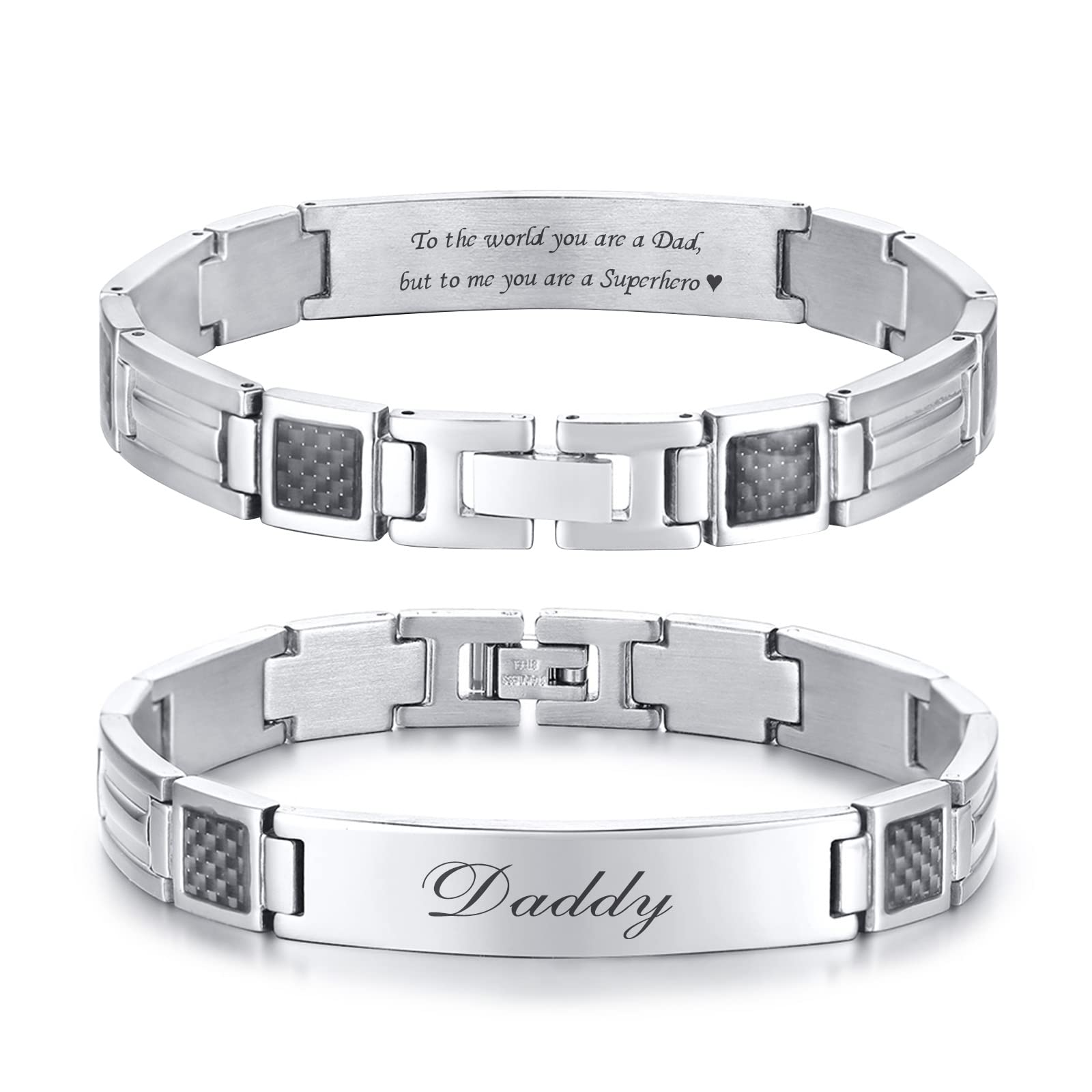 Hisatan Fathers Bracelet Gifts for Dad, Personalized Adjustable Stainless Steel Bracelets for Men, Masculine Carbon Fiber Link Mens Daddy Bracelet