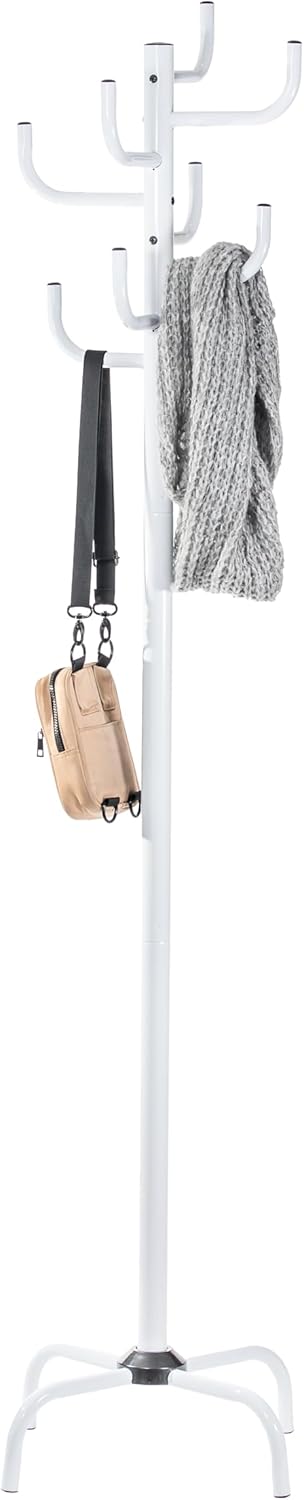 White Coat Rack-8 Hooks Freestanding Metal Coat Stand, Stable Coat Hanger Tree for Bags, Jacket, Clothes, and Hats - Sturdy Metal Construction 19.7x19.7x72.5 in. Entryway Organizer for Home or Office