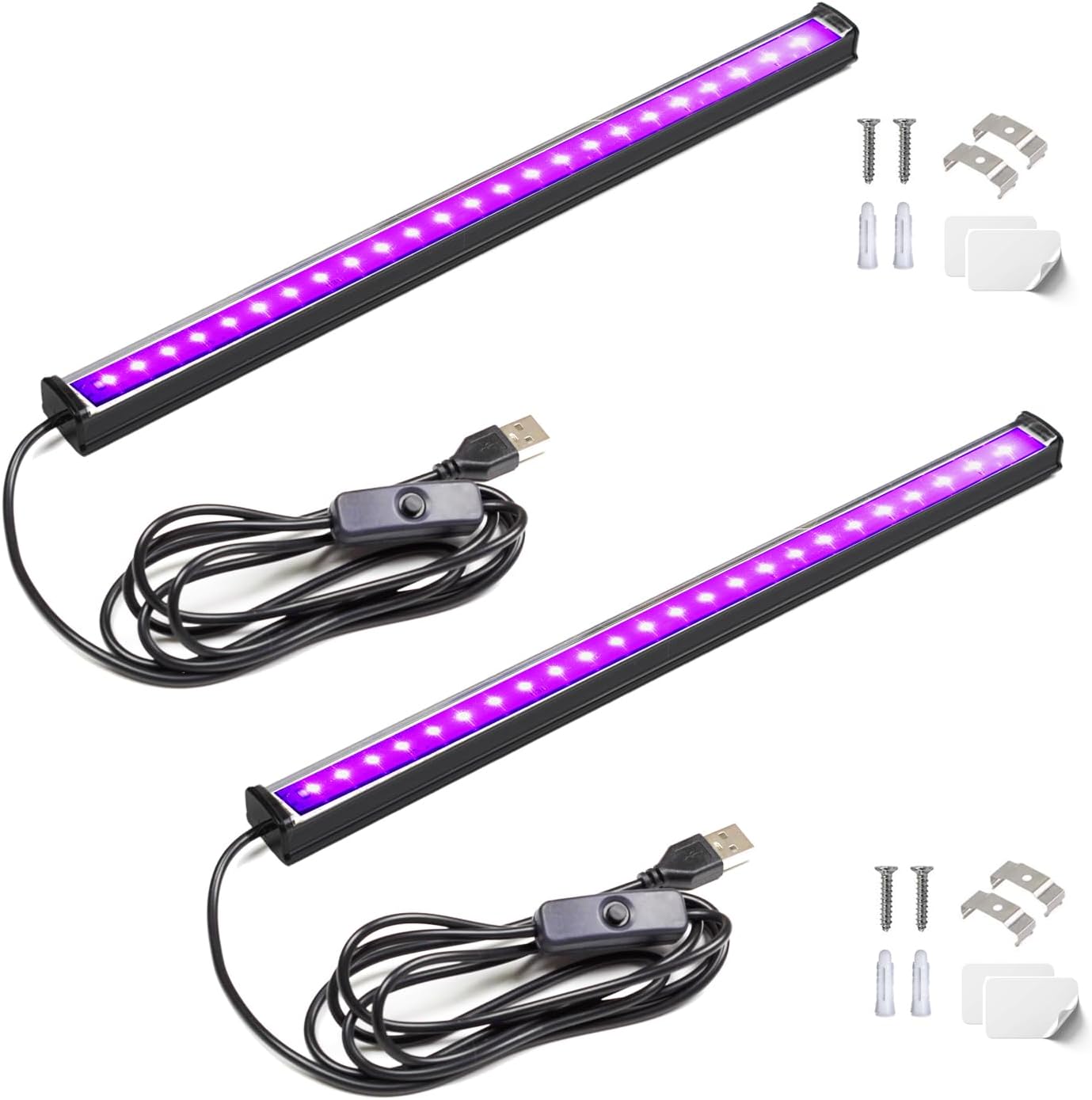 Black Light Bar, 1ft USB UV Black Light Fixture for Fluorescent Tapestry, Body Paint, Halloween, Christmas - 2-Pack with On/Off Switch