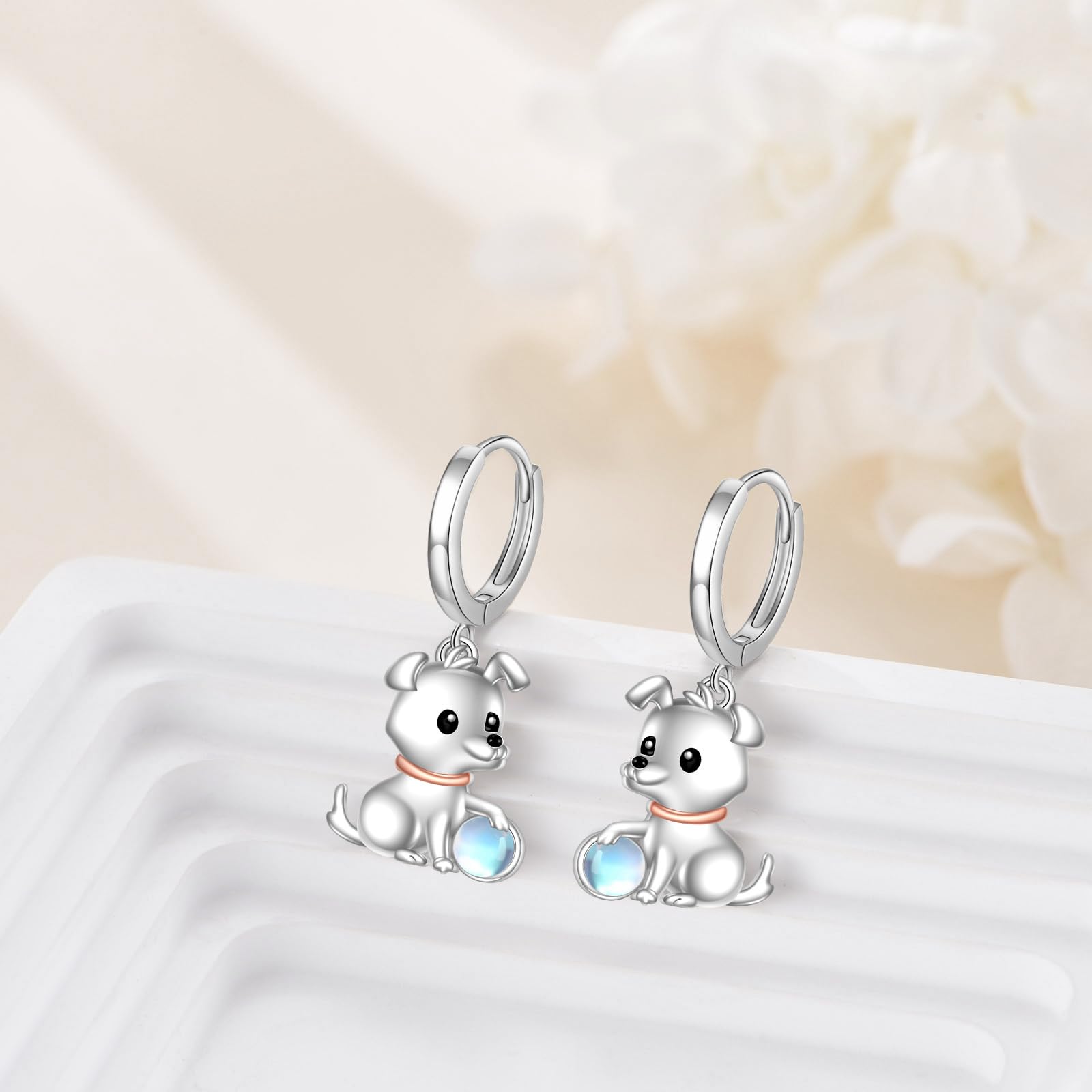 Katze/Hund Creolen für Damen 925 Sterling Silber Tier Mondstein Ohrringe Tier Ohrringe Katzen Schmuck Geschenke für Mädchen Kinder