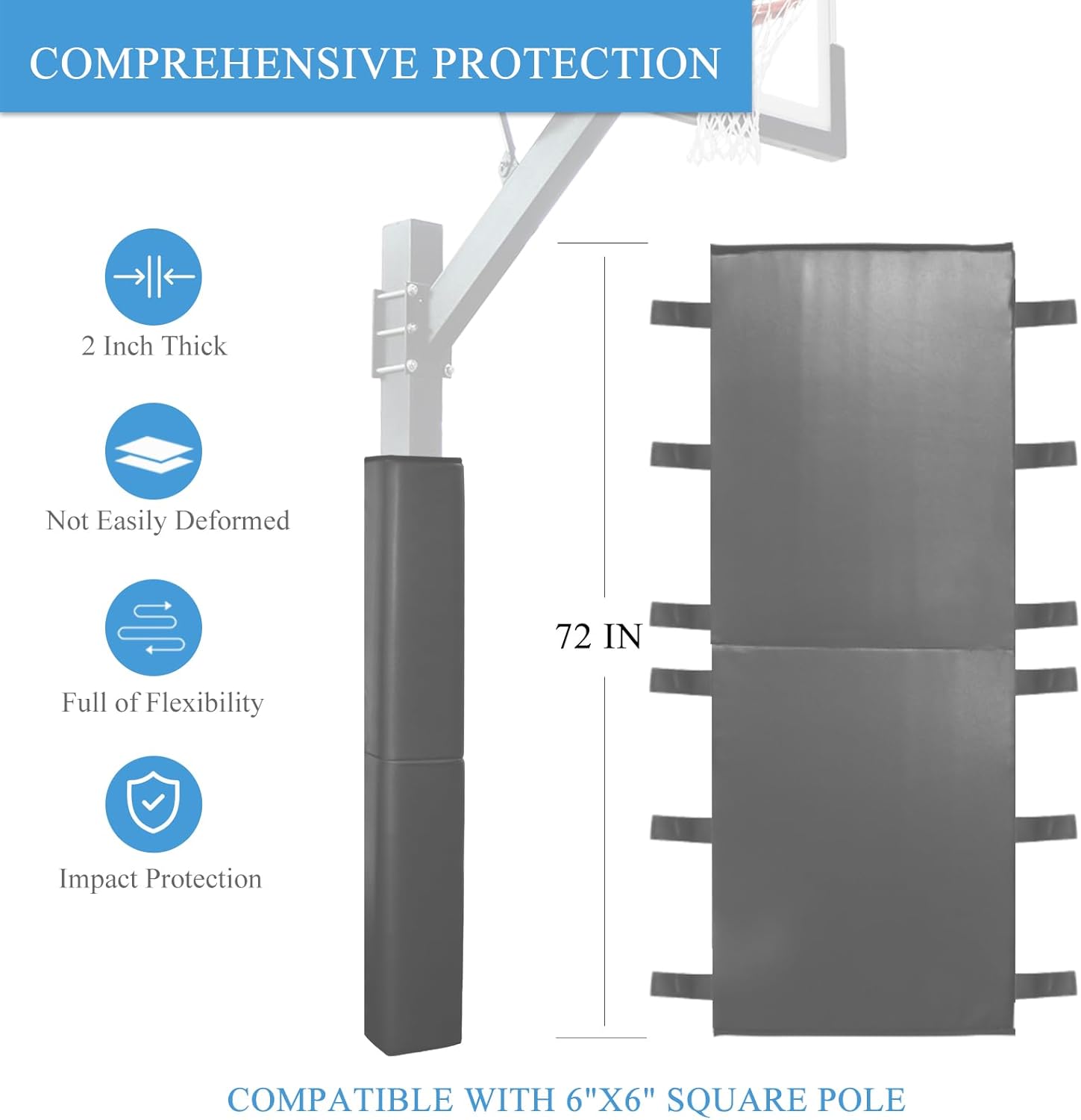 Katop Square Basketball Pole Padding Fits 6x6 Inch Pole, Durable 6 Feet Tall Basketball Pole Pad Outdoor and Indoor, UV-Resistant Waterproof Basketball Hoop Pads for Protection and Player Safety