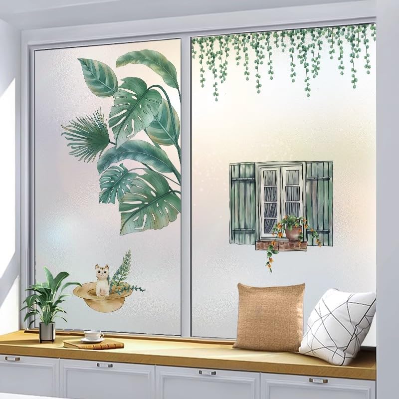 2 szt. Zielona folia witrażowa z motywem kota, zapewniająca prywatność, nieprzezroczysta, na okna, 50x90 cm