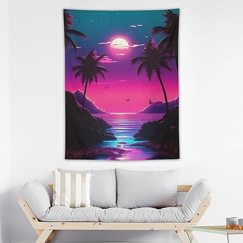Miniatura 3 de QEOPGNE Tapiz grande para colgar en la pared, diseño nostálgico, retro, neón, atardecer, Synthwave, banderas de pared moradas, tapiz para