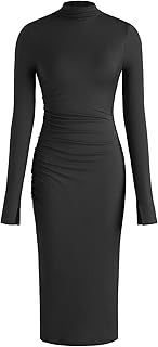 Long Sleeve Dress for Women High Neck Ribbed Knit Bodycon Ruched Midi Dress Cocktail Party Sweater Solid Dress