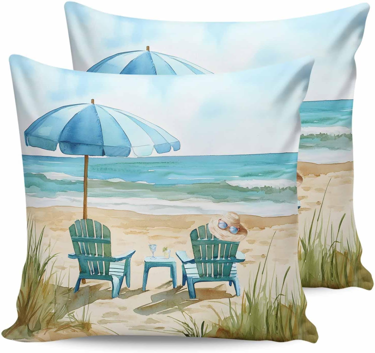Outdoor Waterproof Pillow Covers Abstract Summer Sea Beach Chair Umbrella Decorative Throw Pillow Protectors, Coastal Ocean Pillowcase Cushion Cases for Patio Sofa Garden Couch,20x20IN,Pack of 2