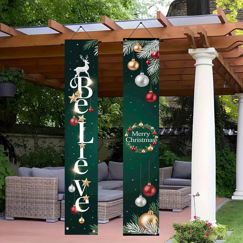 ActFirst Banner per portico di compleanno a tema natalizio da 30,5 x 180,3 cm, adatto per decorazione interna/esterna, dotato di rami di pino, decorazioni e la parola crede tessuto resistente, adatto