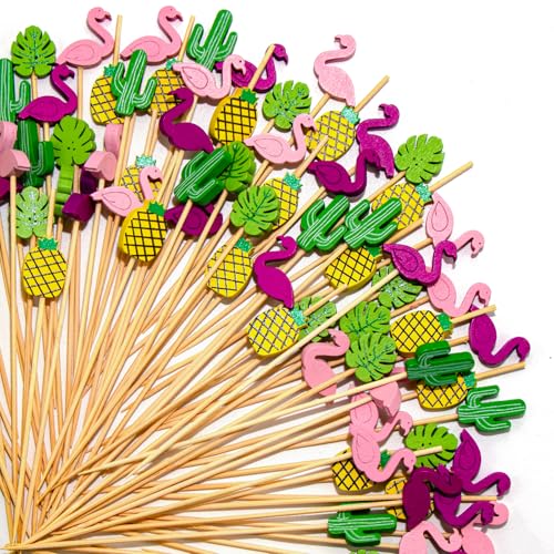 Hawaii Cocktail Picks, 100pcs 4.7 Inch Bamboo Skewers, Disposable Long Food Toothpicks Fruit Sticks for Summer Luau, Pool Party, Summer Theme, Bridal Shower, Bachelorette, Brithdays, BBQ & Taco Bar