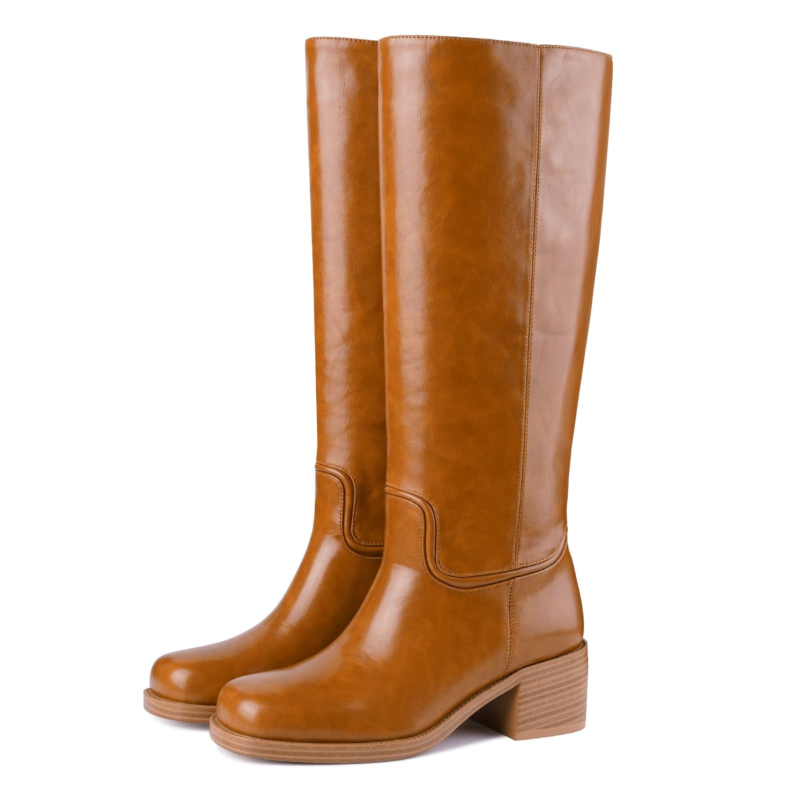 Womens Banana Knee High Boots Square Toe Chunky Block Heel Tall Pull on Fashion Comfortable Mid-Calf Long Boots