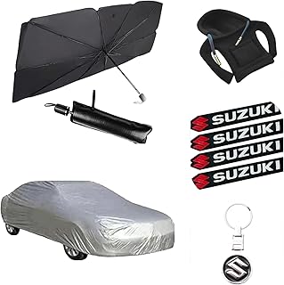 Auto MYK Car essentials Gift Kit for Celerio include High quality water proof cover + Car Windshield Sun Shade + Branded Key Chain + Assorted color Gear Hoodi + Branded Door Stopper + Sting bag