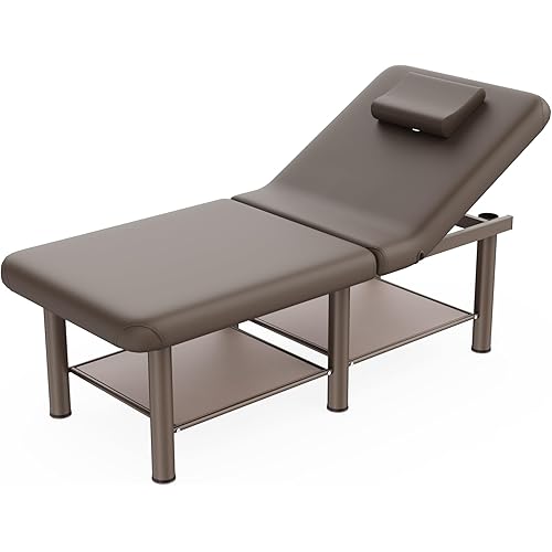Folding Stationary Massage Table with Backrest and Storage Space for Treatment Table Physical Therapy Table Spa Facial Bed, 6 Round Legs Metal Frame PU Leather, 30.5'' Wide × 75'' Long - Brown