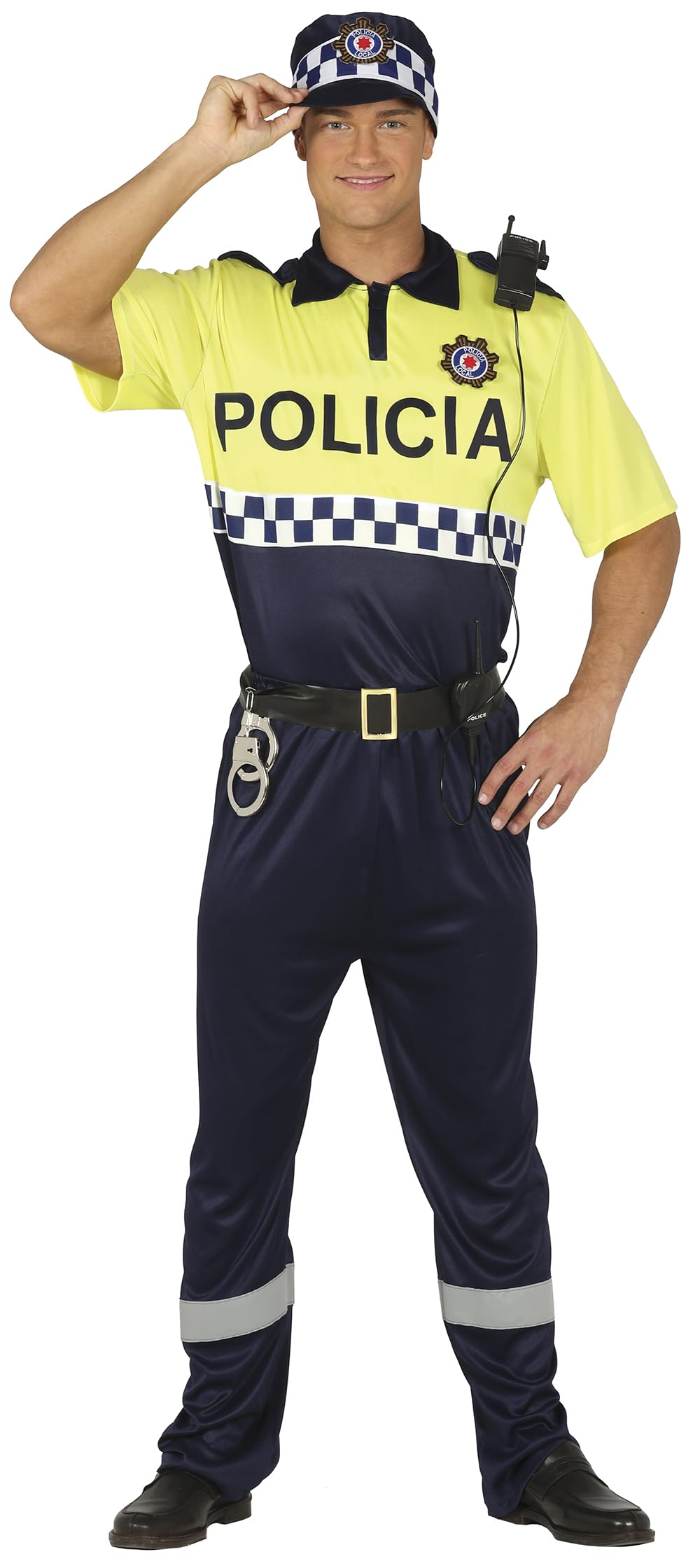 FIESTAS GUIRCA | Policía Local Kostüm für Erwachsene - Hemd, Gürtel, Mütze und Hose - Polizei Uniform für Halloween, Karneval und Kostümpartys - Ideal für Herren - Gelb und Blau