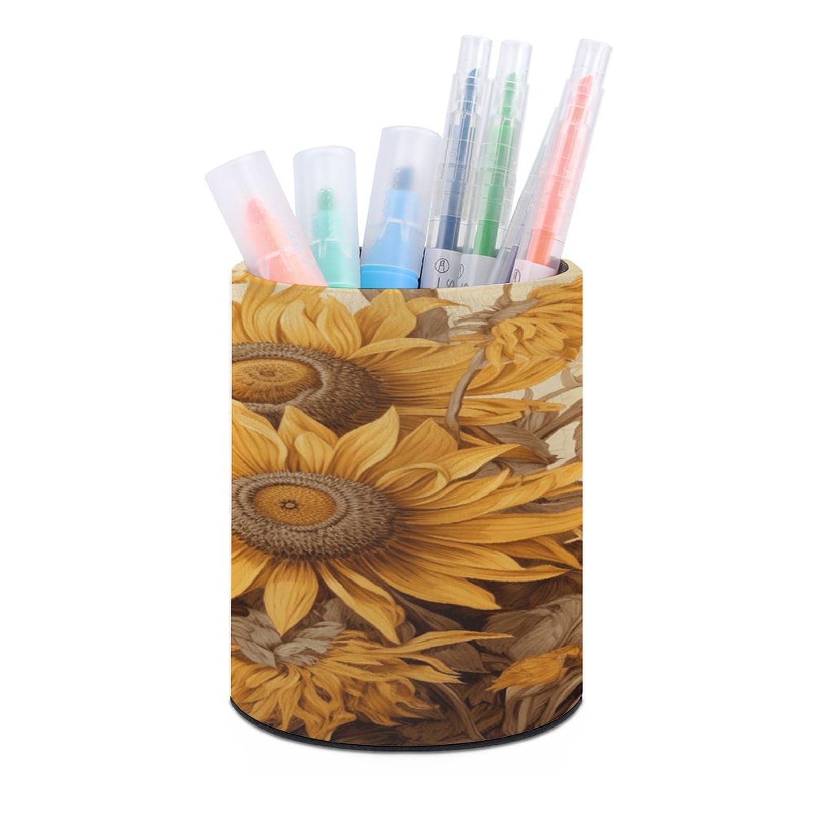 VstaDank Bees And Sunflowers on Old Paper Pen Holder for Desk Makeup Brush Holders Stylish Pen Cup Cute Pencil Cup Round Pencil Holder Decor Brush Scissor Holders for Multifunctional Office Supplies