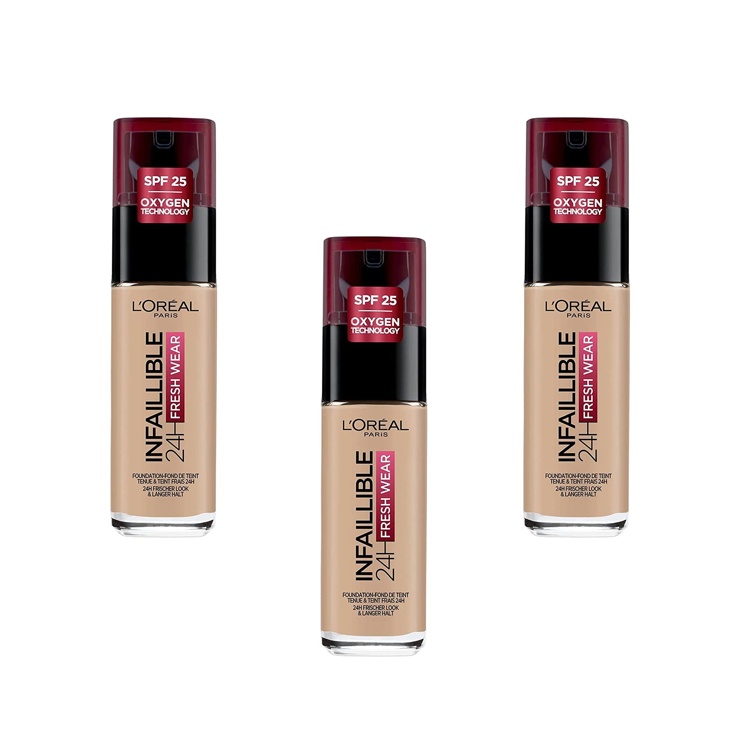 L'Oréal Paris Fond de Teint Fluide Infaillible 24h Fresh Wear - Tous Types de Peaux - 145 Beige Rosé, Lot de 3 (3 x 30 ml)