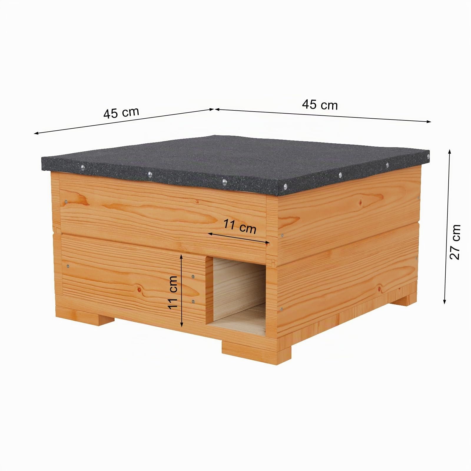 QLS Igelhaus aus Holz mit abnehmbarem Dach 45 x 45 cm Natur | Imprägnierte Konstruktion mit 2 cm starken Brettern. Höhe 27 cm, Eingangsöffnung 11 x 11 cm für geschützte Rückzugsplätze